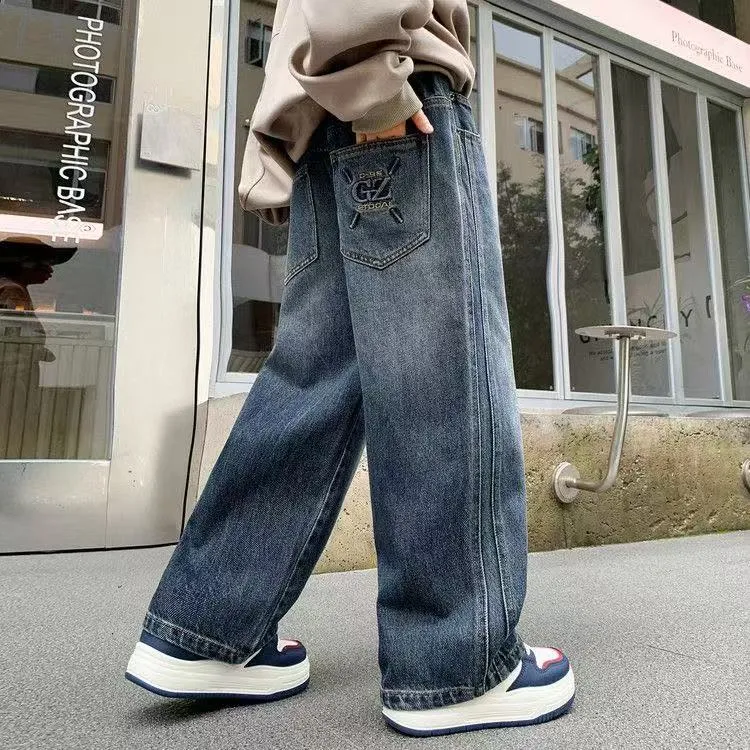 男童牛仔裤2025秋冬新款儿童阔腿裤子炸街加厚一体绒冬款直筒裤潮