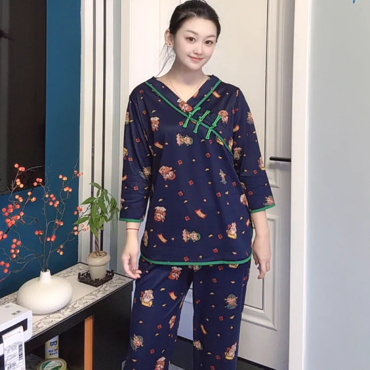 新款五路财神秋冬新款新中式国风女士长袖宽松保暖盘扣家居服睡衣