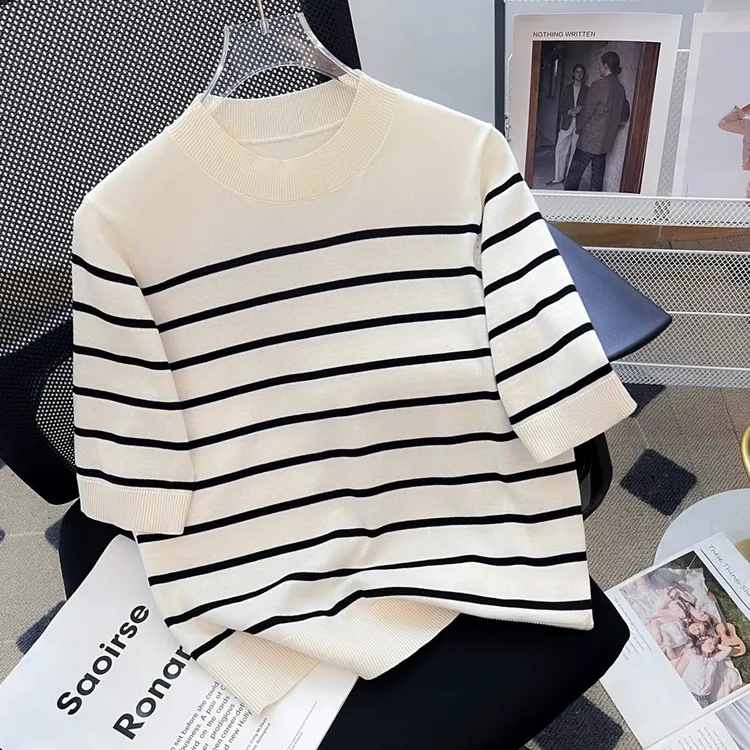 美亚恩NANA【海派条纹】100%棉正肩款圆领条纹中袖针织衫！C0123