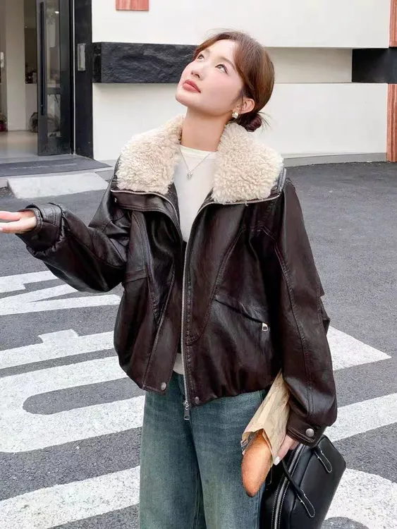 冬季新款皮衣外套女士大毛领可卸短款加绒保暖显瘦休闲百搭皮夹克