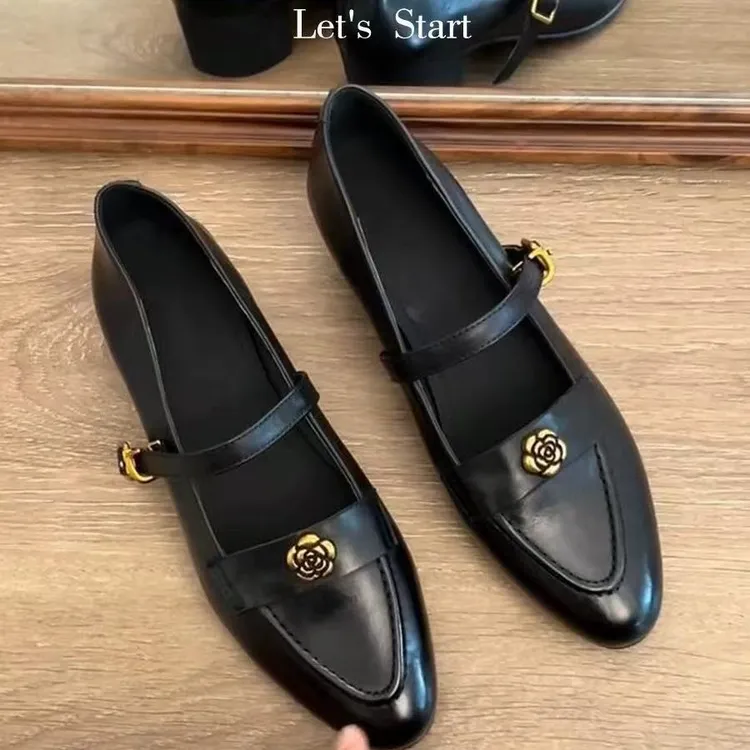 2025复古山茶花一字扣玛丽珍头层小牛皮女新款英伦风单鞋女百搭