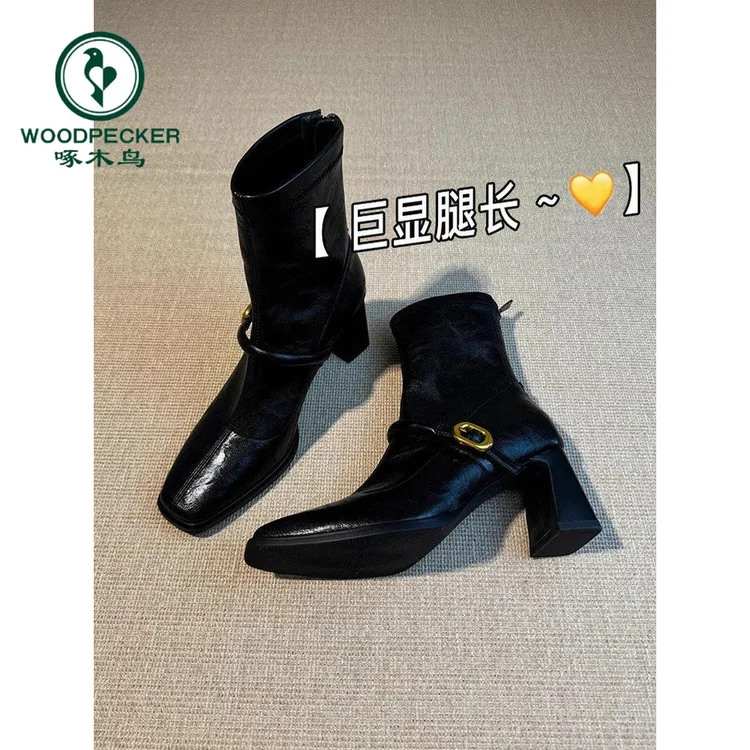 啄木鸟粗跟方头高跟瘦瘦靴女2025新款秋冬加绒法式弹力短靴时装靴