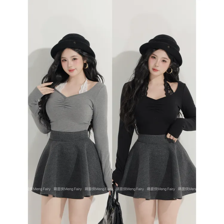 萌面侠【松间步月】韩系挂脖保暖锁温针织上衣百搭呢子半裙70547055