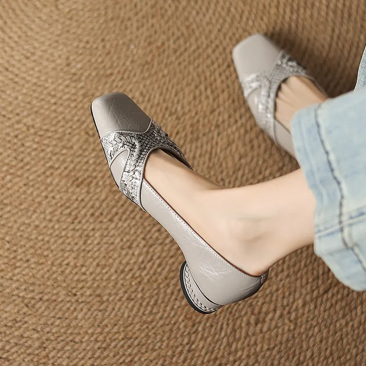 3CM，头层羊皮方头女单鞋浅口一脚蹬法式中跟女士方头浅口软底羊皮