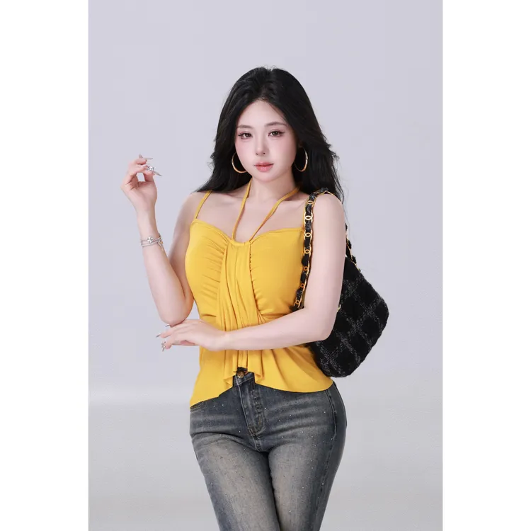 MengFairy【夏日辣芒】姜黄色挂脖吊带纯欲辣妹性感上衣欧若风5059M