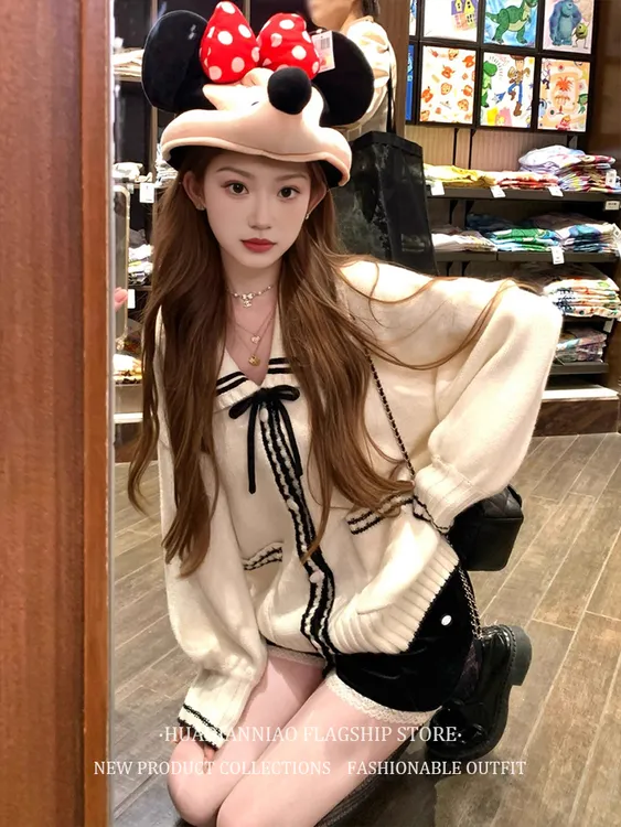 法式学院风撞色翻领针织开衫上衣女秋季新款宽松减龄系带毛衣外套