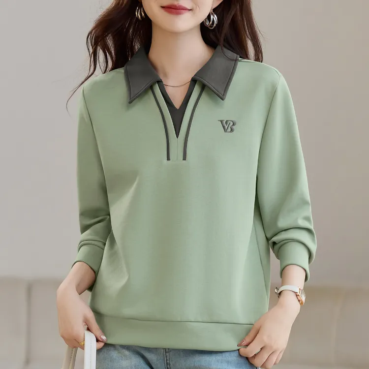 翻领撞色春秋卫衣女2025新款爆款百搭休闲女装上衣宽松显瘦外套衫