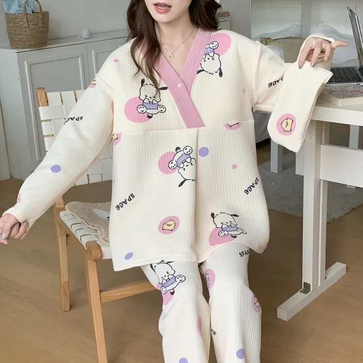 秋冬月子服带胸垫11月份产后加厚大码孕妇哺乳睡衣产妇喂奶家居服