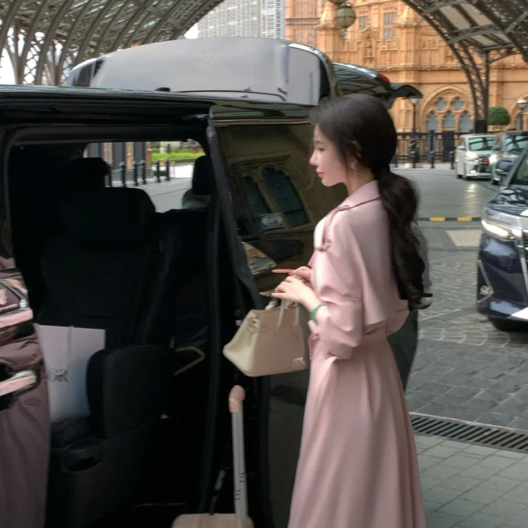 【雅乔定制】爱在伦敦 复古英伦风双排扣粉色风衣外套DYLL-25066356