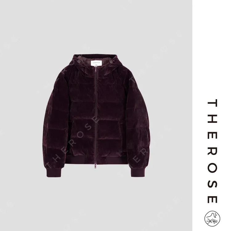 之柔【红玛瑙】进口时尚细条灯芯绒羽绒服外套立领连帽白鹅绒上衣女