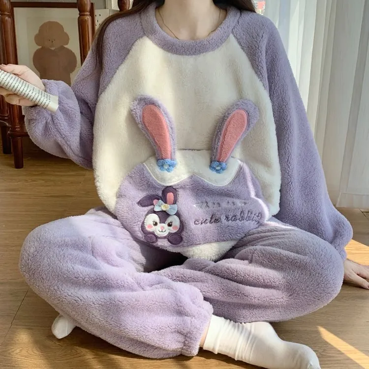 80-200斤大码女秋冬季法兰绒加厚口袋长毛绒女生保暖家居套装睡衣