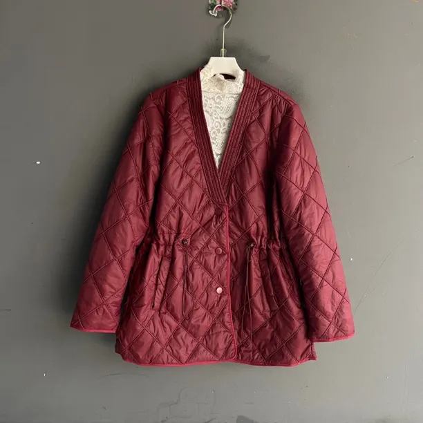 秋冬时尚百搭纯色中长款菱形格轻薄棉服