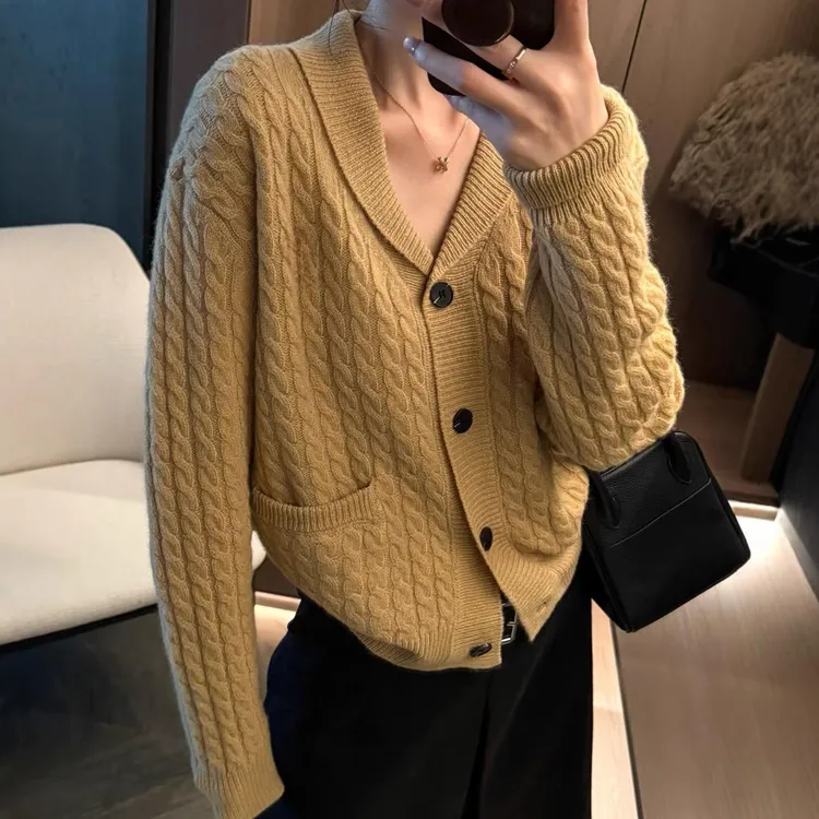 MEIZHENZI【重磅刺绣】100%绵羊毛|气质麻花针织开衫女秋冬毛衣外套