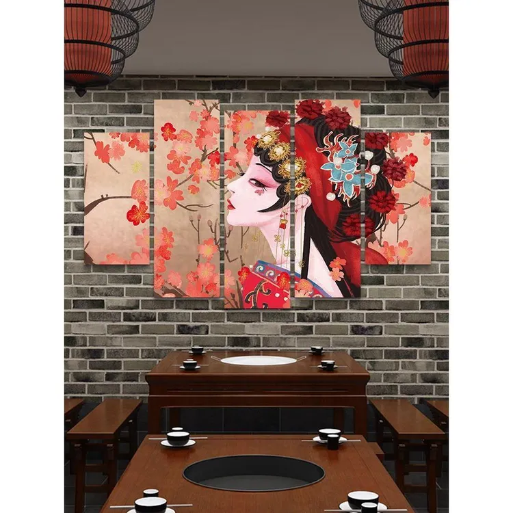 国潮风墙面装饰画火锅店饭店包厢包间背景墙壁画京剧花旦脸谱挂画