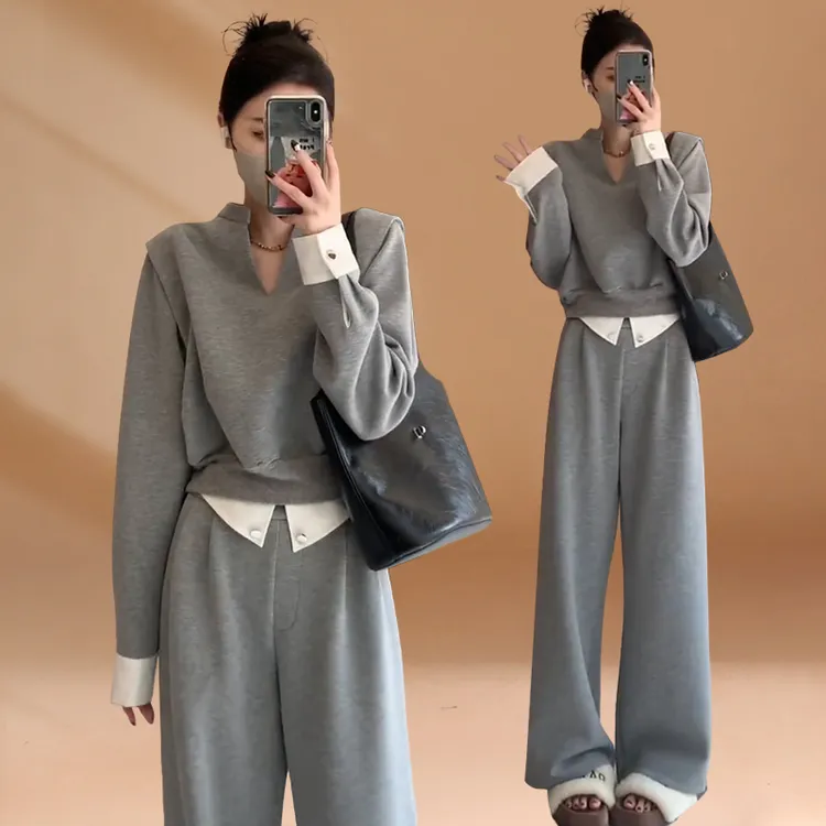 设计感套装女2025新款拼接撞色小V领上衣直筒阔腿休闲长裤两件套