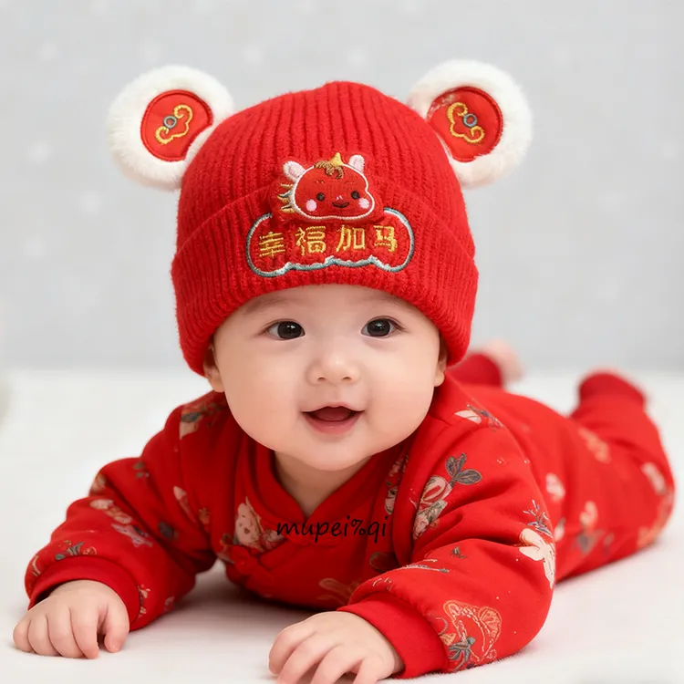 婴儿毛线帽秋冬季保暖男童女宝宝新年大红喜庆针织帽周岁帽婴幼儿