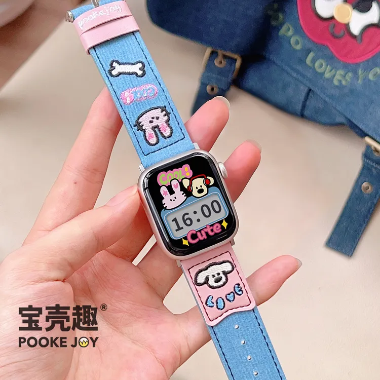 宝壳趣适用苹果applewatch11love小狗兔子牛仔表带s10/s9/s8表带