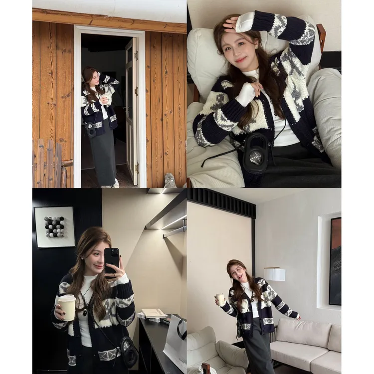 YPP!撞色费尔岛毛衣 韩系复古慵懒感提花简约休闲拼接毛衣外套