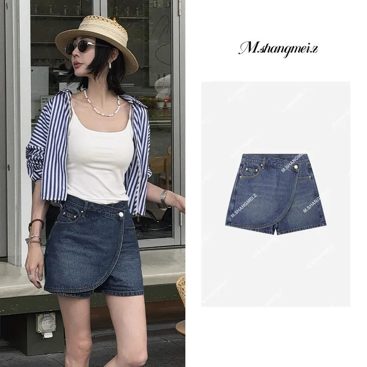 M.SHANGMEI.Z/沐熙【斜片牛仔】美大哥错落腰头实穿牛仔短裤X052531