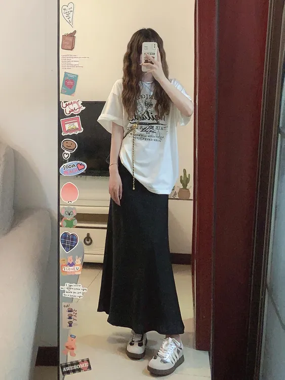 夏季美式休闲宽松圆领印花字母短袖T恤上衣慵懒风半身裙两件套装