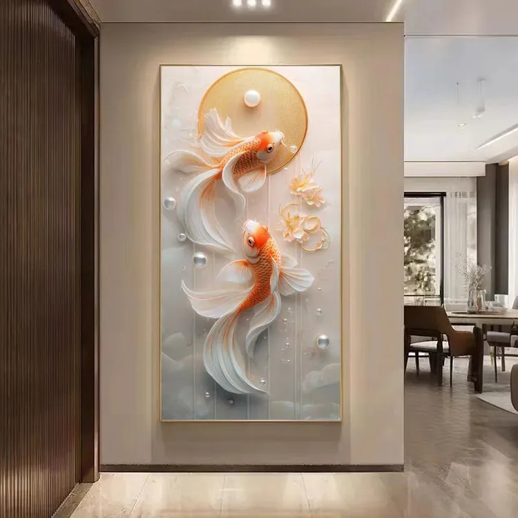 新款锦鲤正对门玄关过道走廊高档大气晶瓷镶钻灯光装饰挂画