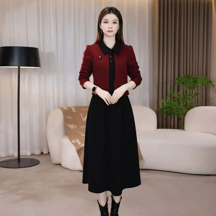 【连衣裙】欧棉绒冬季新款气质洋气时尚修身显瘦减龄假两件连衣裙