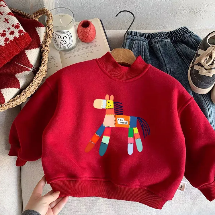 儿童秋冬装可爱马年印花宝宝加绒红色卫衣宽松男女童中大童拜年服