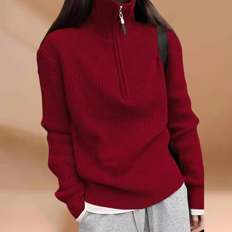 新年红半高领拉链减龄针织打底衫上衣春秋宽松设计感内搭洋气毛衣