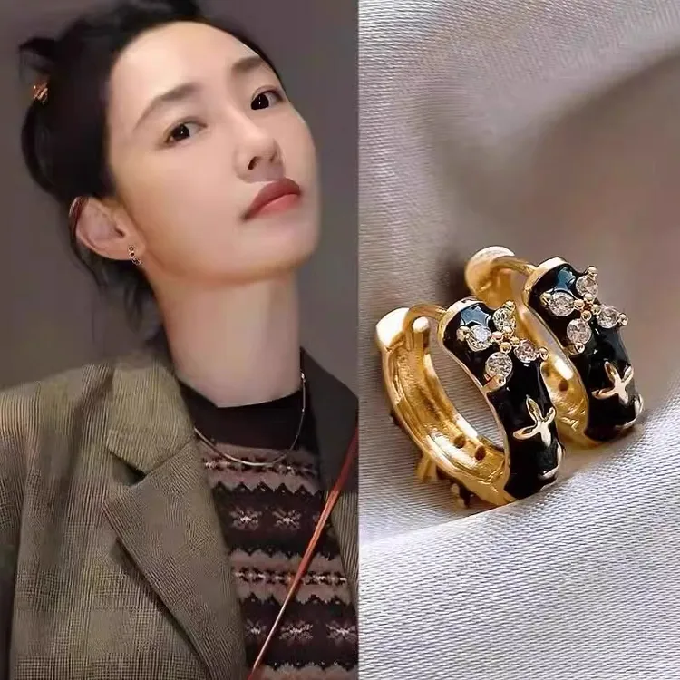 合金耳饰 黑色气质耳环女轻奢高级感耳圈2025新款气质耳扣耳饰潮