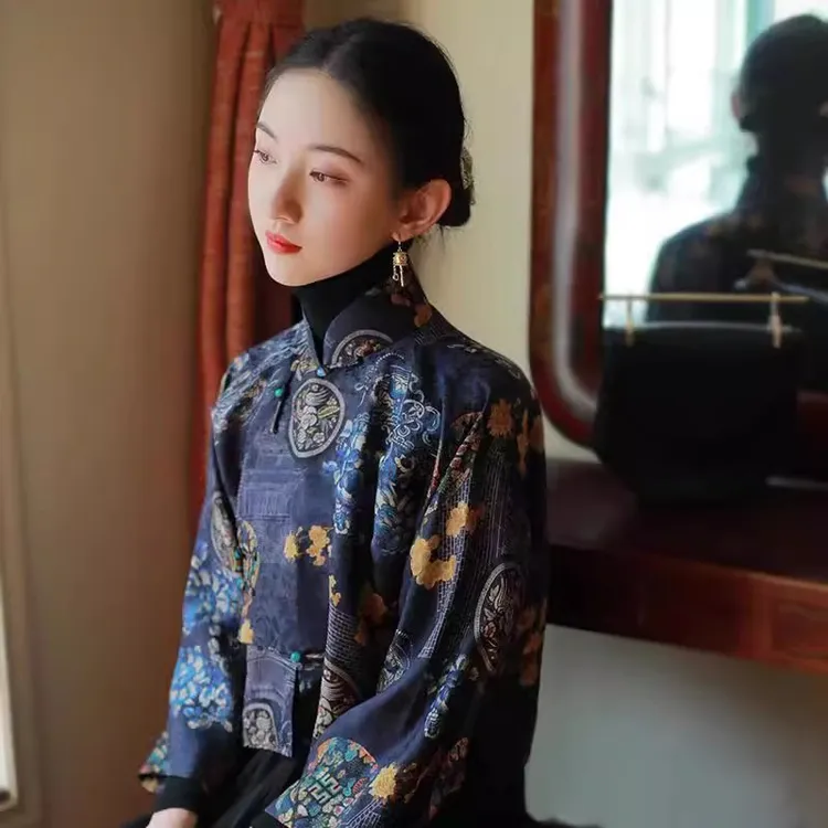 中式立领印花唐装衬衫外套女春秋新款汉服短襦民族风短上衣倒大袖