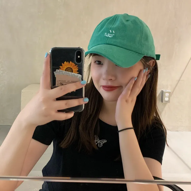 新款百搭显白奶绿色棒球帽女韩版春秋休闲复古软顶百搭刺绣鸭舌帽