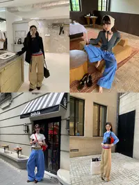 周美美   解码个性条纹卡其拼接弹力双腰头翻边休闲裤
