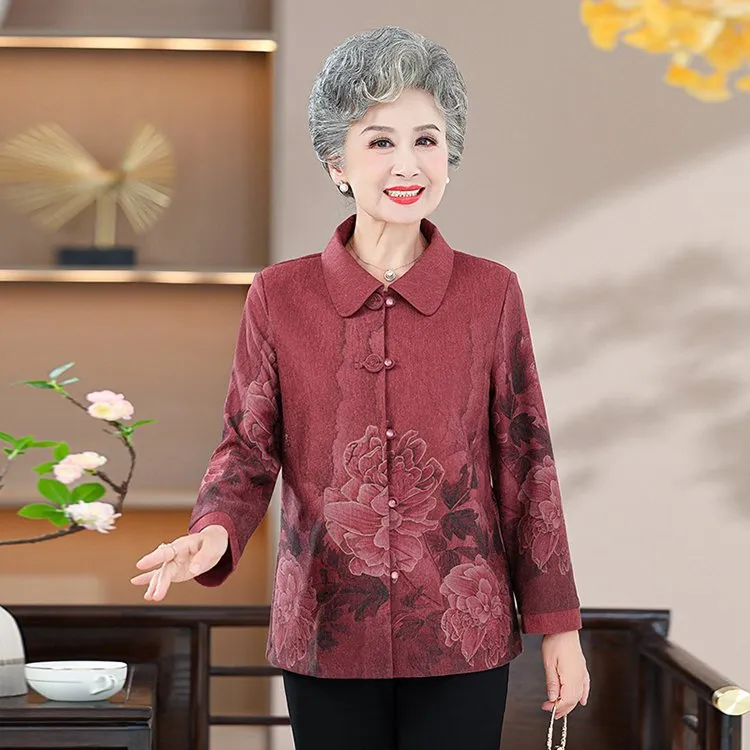 奶奶春装衬衫2025新款中老年人女气质翻领衬衣妈妈宽松长袖上衣服