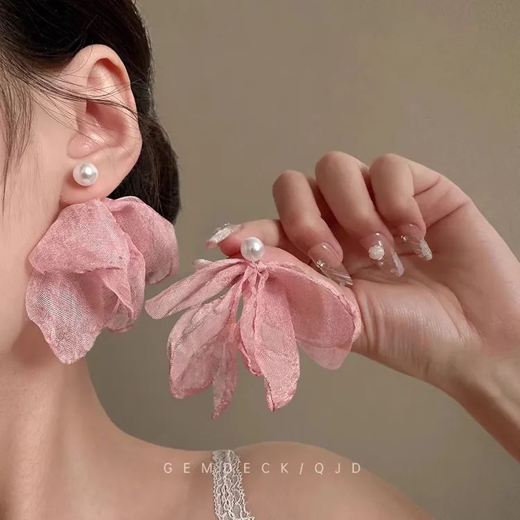 合金耳饰 超仙气质雪纺粉色耳环名媛流苏不对称耳坠2超仙粉色网纱
