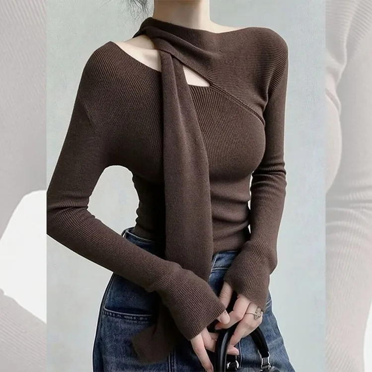 独特别致漂亮内搭小衫打底衫女款爆款2025新款秋冬咖色针织衫上衣