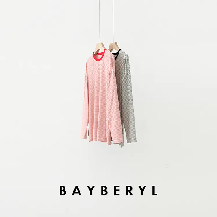 BAYBERYL老贝红与黑*细条纹简约秋休闲圆领长袖T恤NT5G3021-9/23