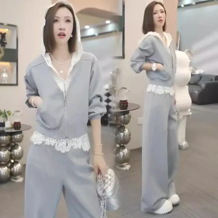 拉夏贝尔连帽卫衣套装女2025春夏季气质显瘦时尚洋气阔腿裤两件套