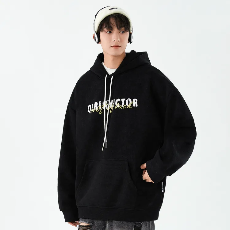 OLRIK春秋季美式复古休闲做旧潮流字母Logo印花落肩连帽卫衣2612