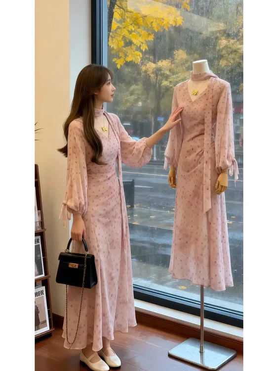 25秋季流行风格特别漂亮掐腰连衣裙温柔风气质感V领波点修身长裙