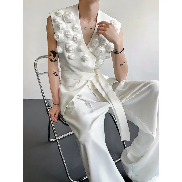 设计感男士立体玫瑰无袖西装马甲礼服显瘦气质白色高腰时尚性感男
