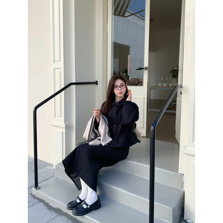 赵小小【千金归来～】10177-2 韩系轻薄菱格棉服娃娃领收腰夹棉外套