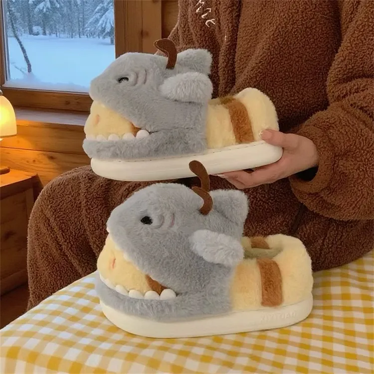 细细条 趣味可爱鲨bee棉拖鞋女冬季居家全包保暖加绒舒适毛毛鞋
