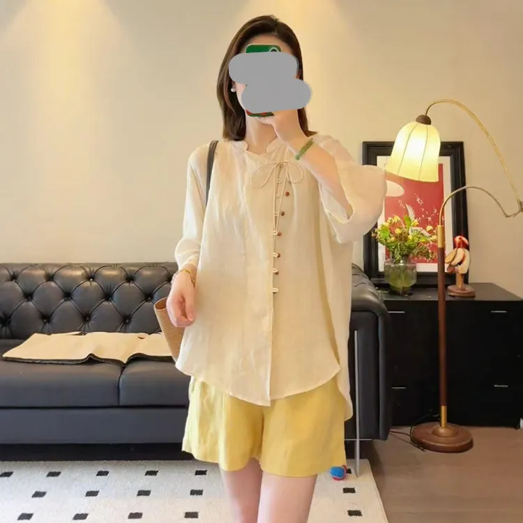 国风宽松复古高级感独特衬衫纯色短裤两件套女2025夏季禅意穿搭潮