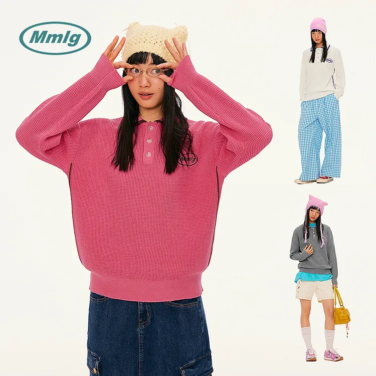 Mmlg 2025年秋新款纯棉polo领针织衫绣花logo韩系元气少女FQE003