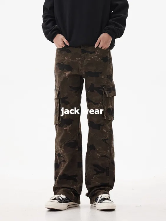 【微喇迷彩】美式复古迷彩多口袋修身工装裤男女vibe嘻哈显瘦微喇裤