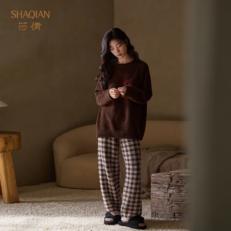 莎倩秋冬季新款半边绒睡衣加绒女款家居服珊瑚绒加厚可外穿套装