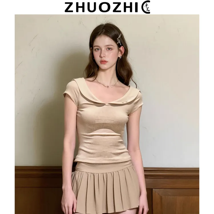 [特价]法式设计感刺绣收腰短袖T恤2025夏季新款休闲百搭显瘦上衣