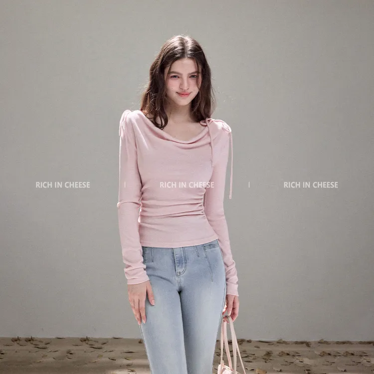 RICH IN CHEESE 秋日韩味【一衣三穿】荡领针织气质百搭长袖上衣