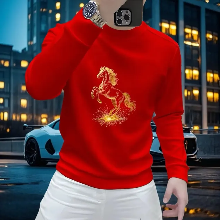 国潮风马年新年印花卫衣男士红色圆领长袖加绒本命年衣服保暖上衣