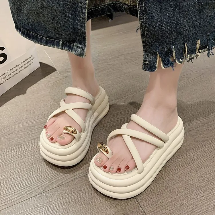 一字鞋高跟法式感凉拖鞋女小个子网网网2025新款套趾小众软底凉鞋